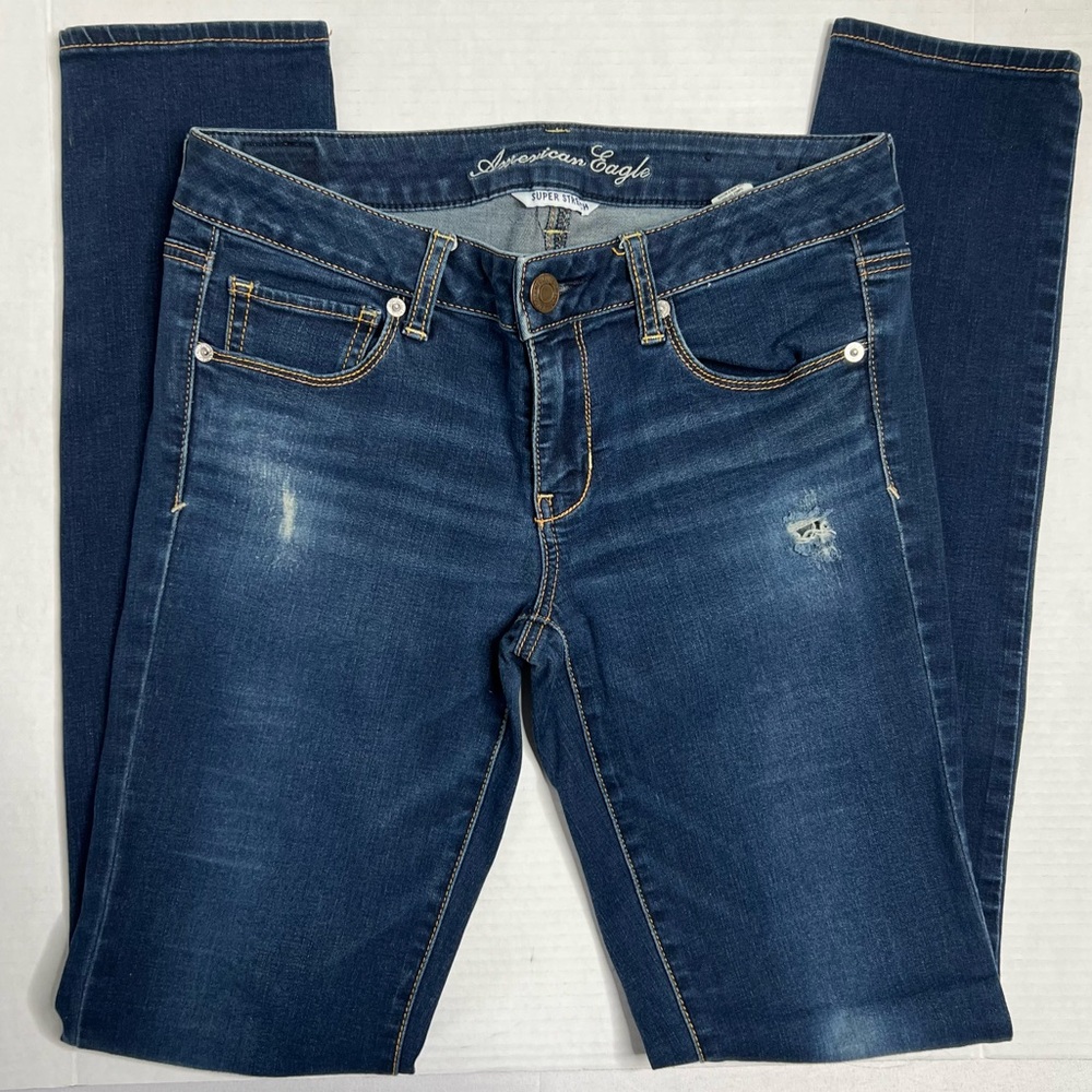 American Eagle Super Stretch X Distressed Skinny Blue Jeans Womens Sz 8 Long